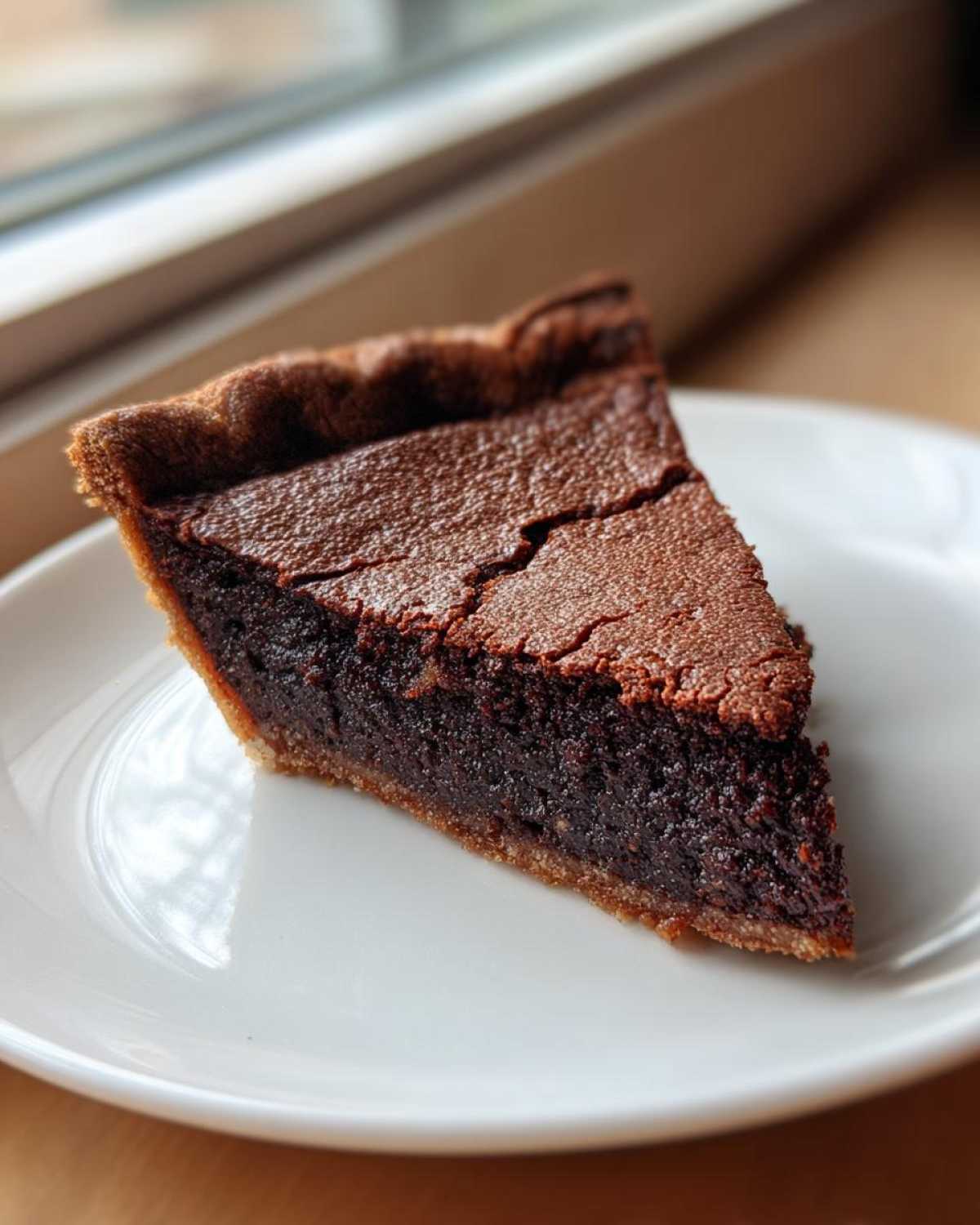 A close-up slice of decadent chocolate chess pie with a rich, dark filling and a slightly cracked top crust.