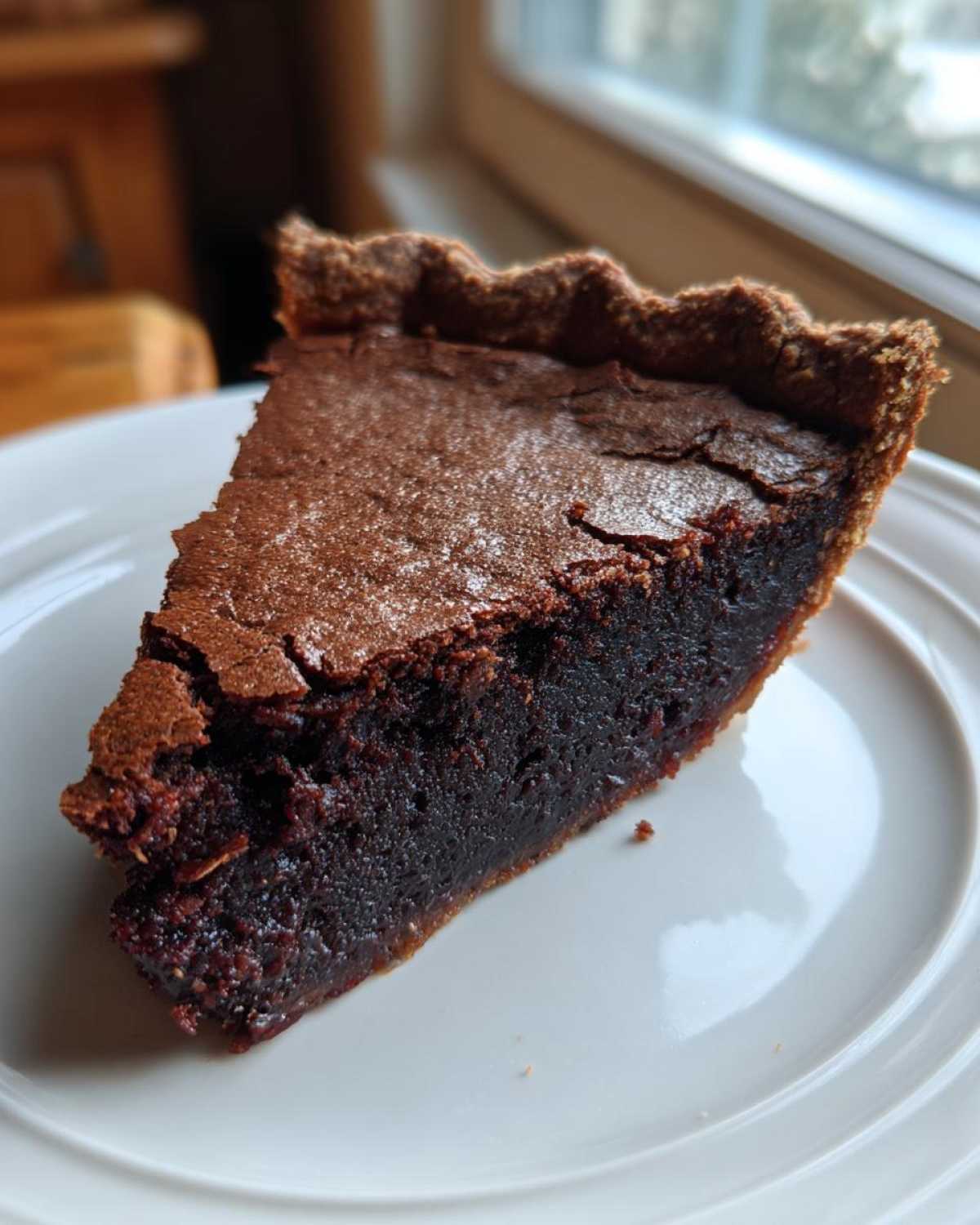 A close-up of a decadent slice of chocolate chess pie with a dark, fudgy filling and flaky crust, resting on a white plate.