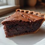 A close-up shot of a thick slice of dark chocolate chess pie on a white plate, showing the fudgy interior and flaky crust.