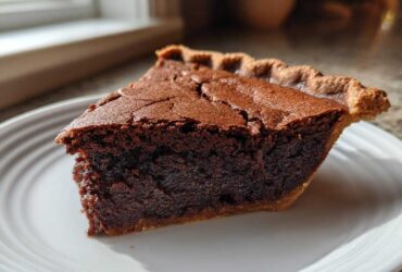 A close-up shot of a thick slice of dark chocolate chess pie on a white plate, showing the fudgy interior and flaky crust.