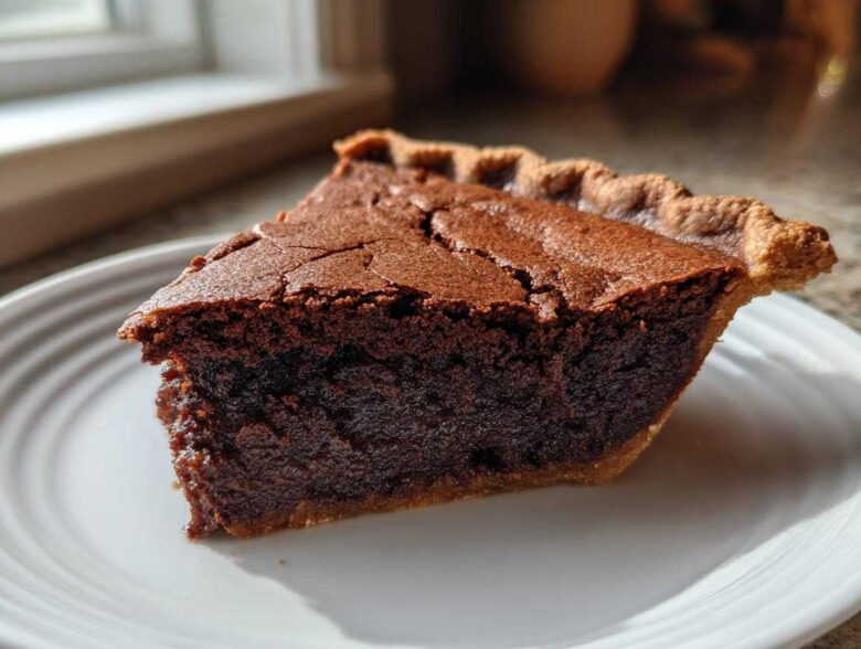 A close-up shot of a thick slice of dark chocolate chess pie on a white plate, showing the fudgy interior and flaky crust.