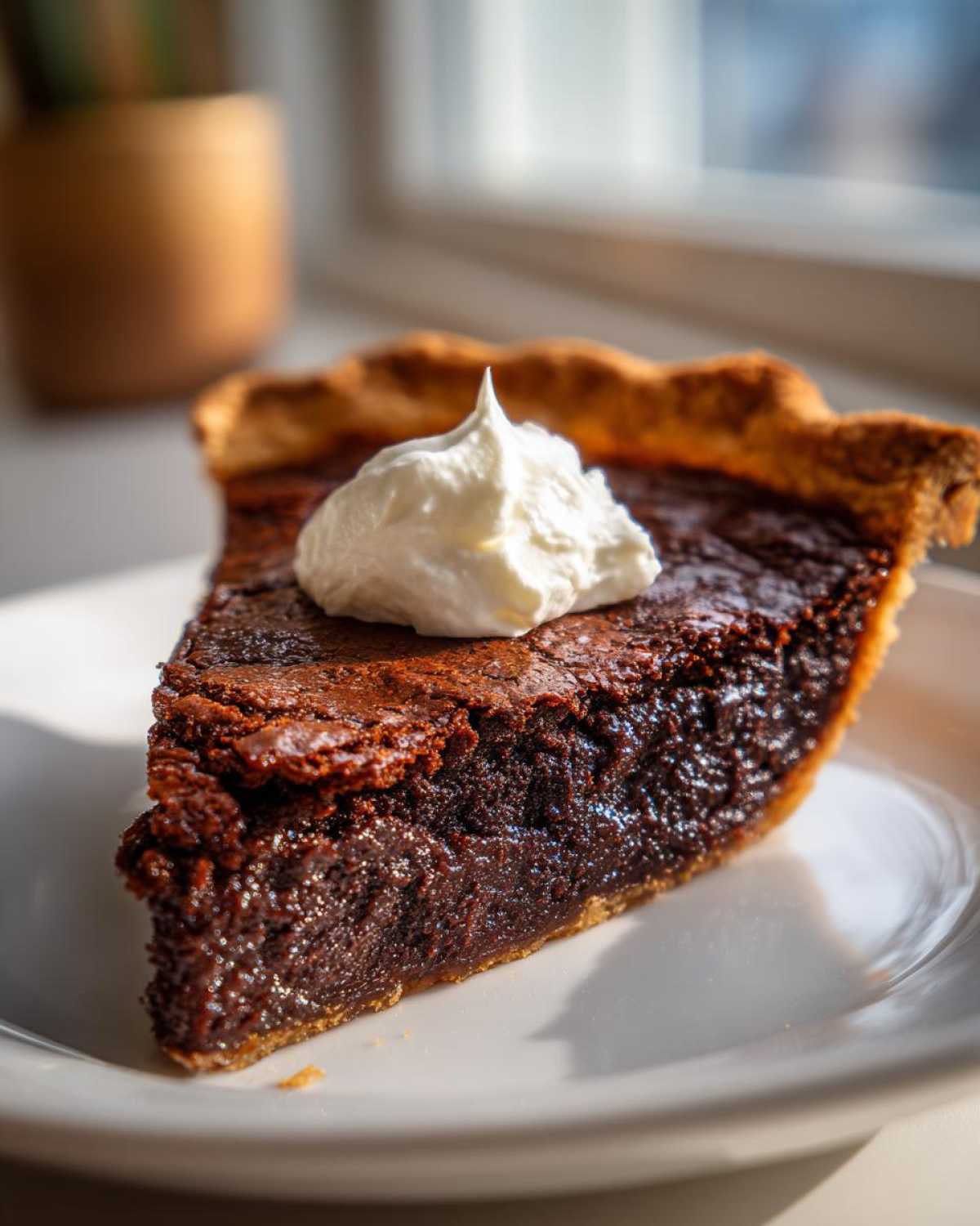 A close-up of a slice of rich chocolate chess pie topped with a dollop of whipped cream on a white plate.