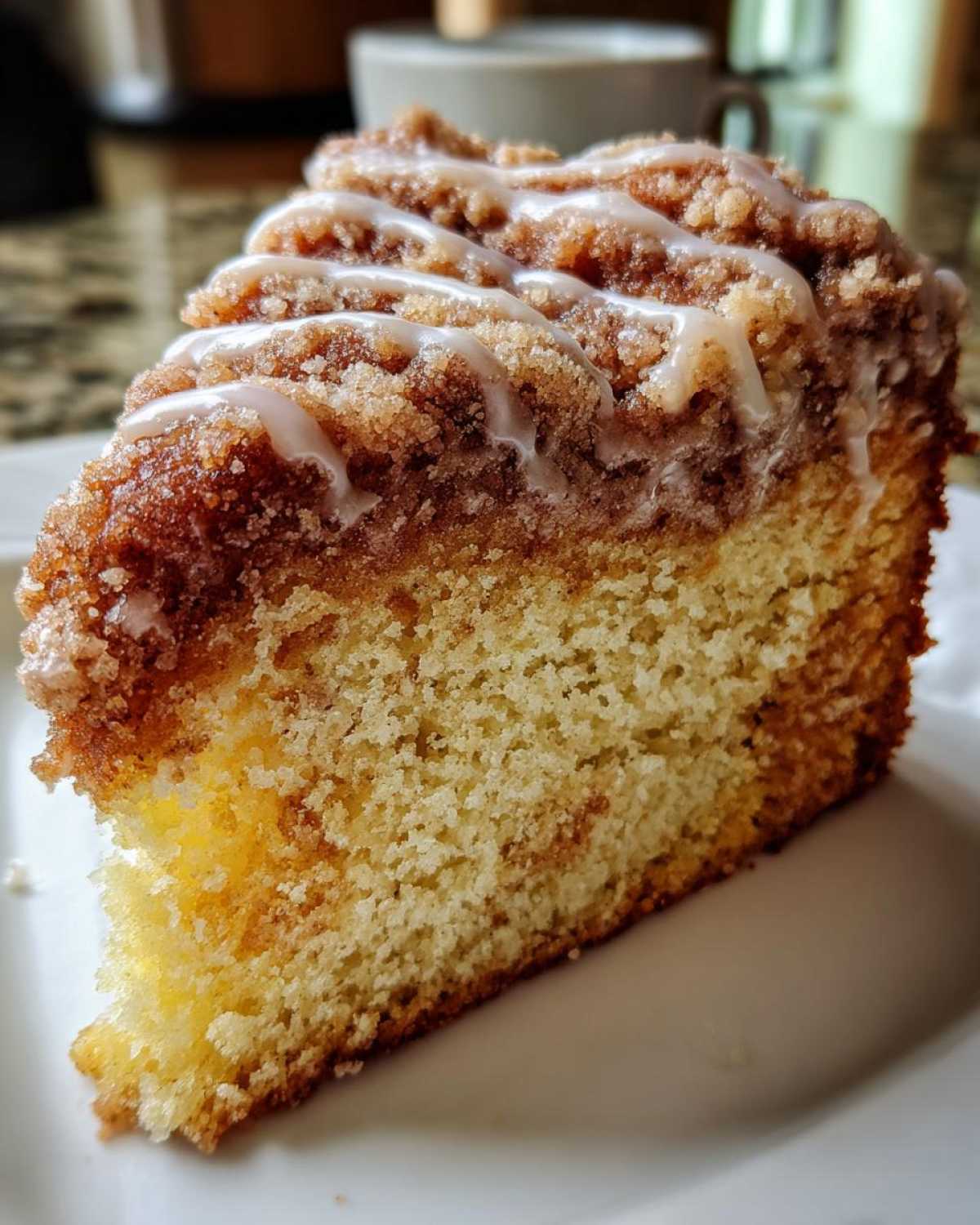 Close-up of a moist slice of coffee cake featuring a thick cinnamon streusel layer and a light vanilla glaze drizzle.