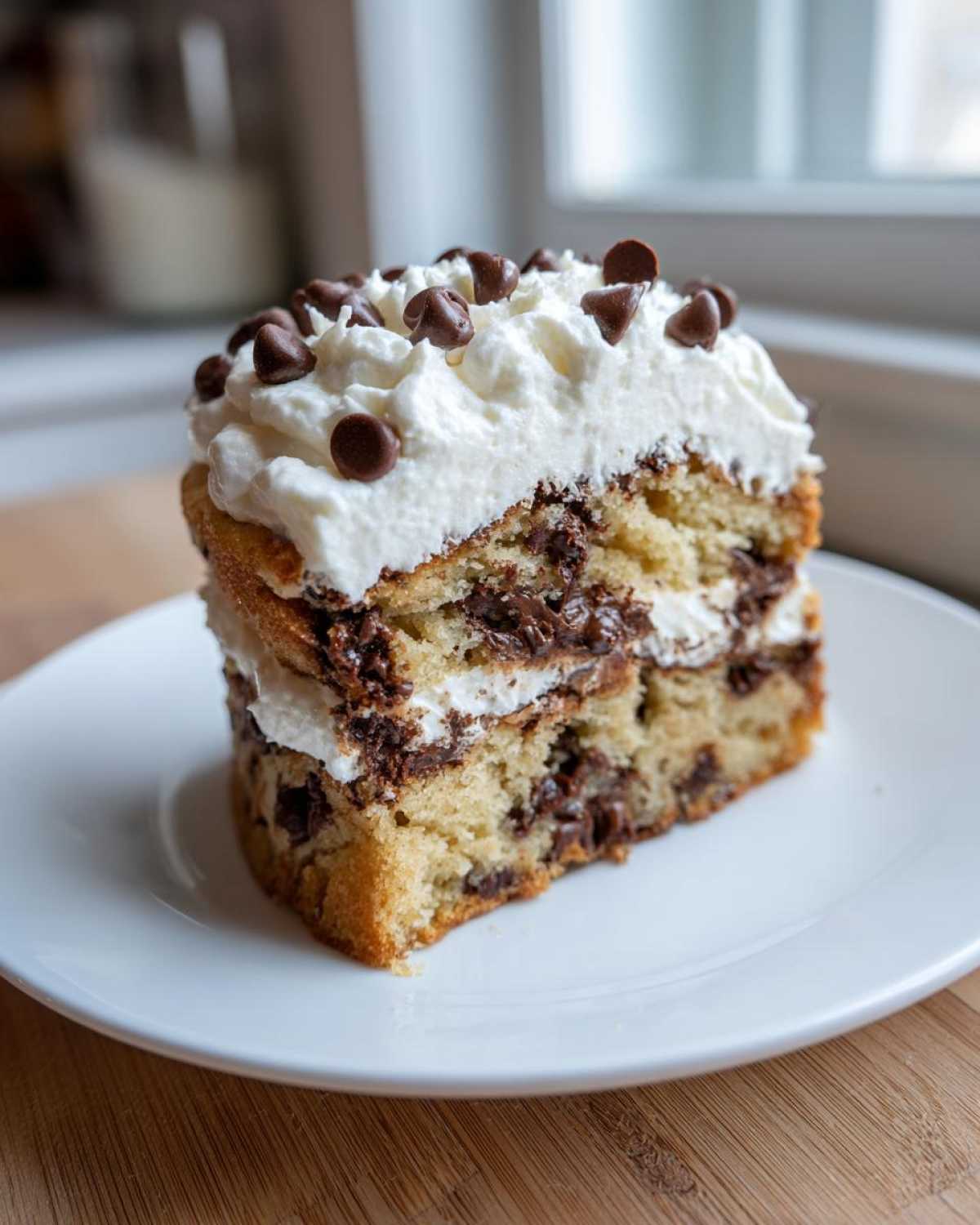 A tall slice of layered cookie cake recipe with chocolate chips and white frosting, topped with more chips.