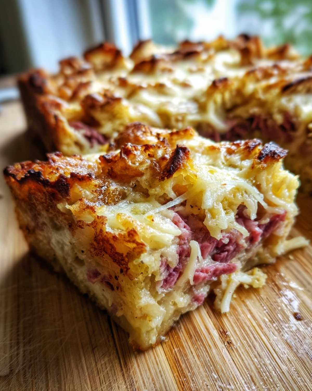 A close-up slice of baked bread pudding style homemade reuben bake, showing corned beef, bread, and melted cheese topping.