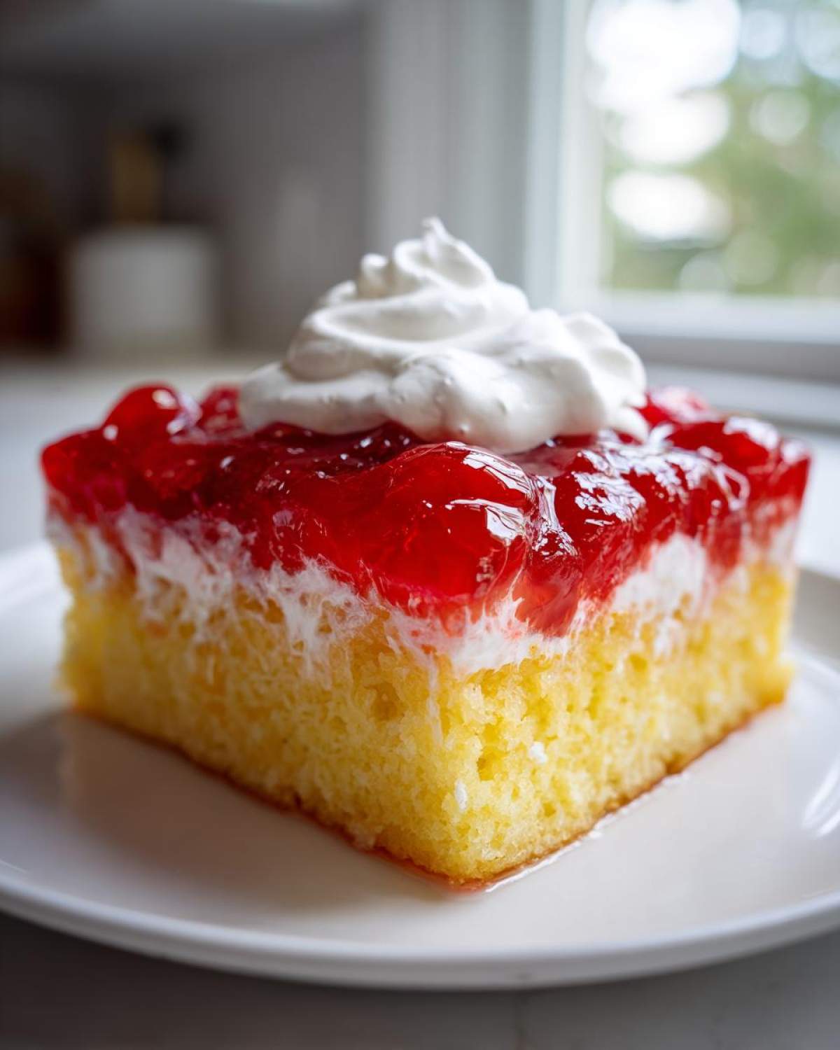 A square slice of moist yellow jello poke cake topped with bright red gelatin and a dollop of whipped cream.