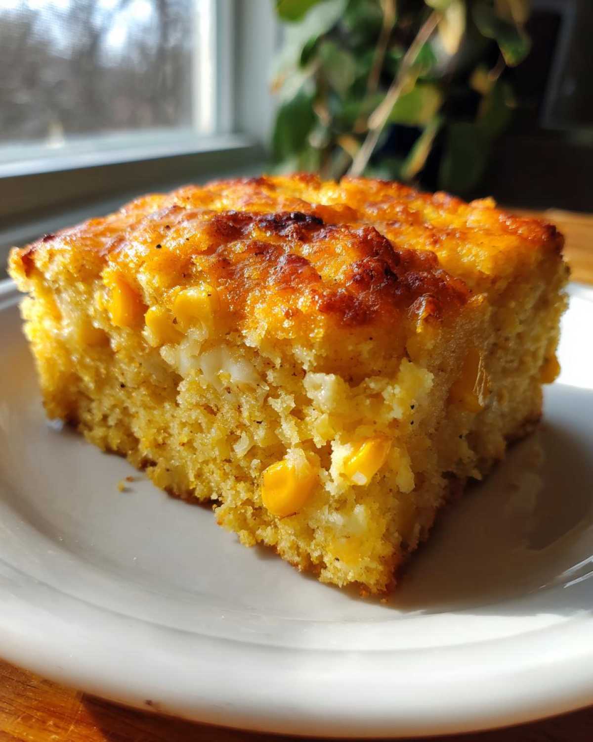 Close-up of a square slice of moist cornbread casserole with visible corn kernels on a white plate.