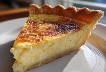 A close-up slice of golden-brown baked egg custard with a flaky crust on a white plate.