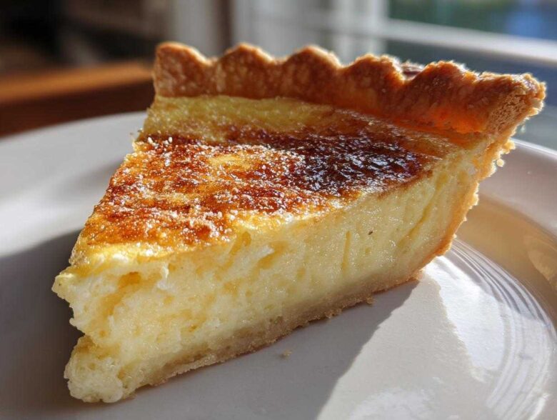 A close-up slice of golden-brown baked egg custard with a flaky crust on a white plate.