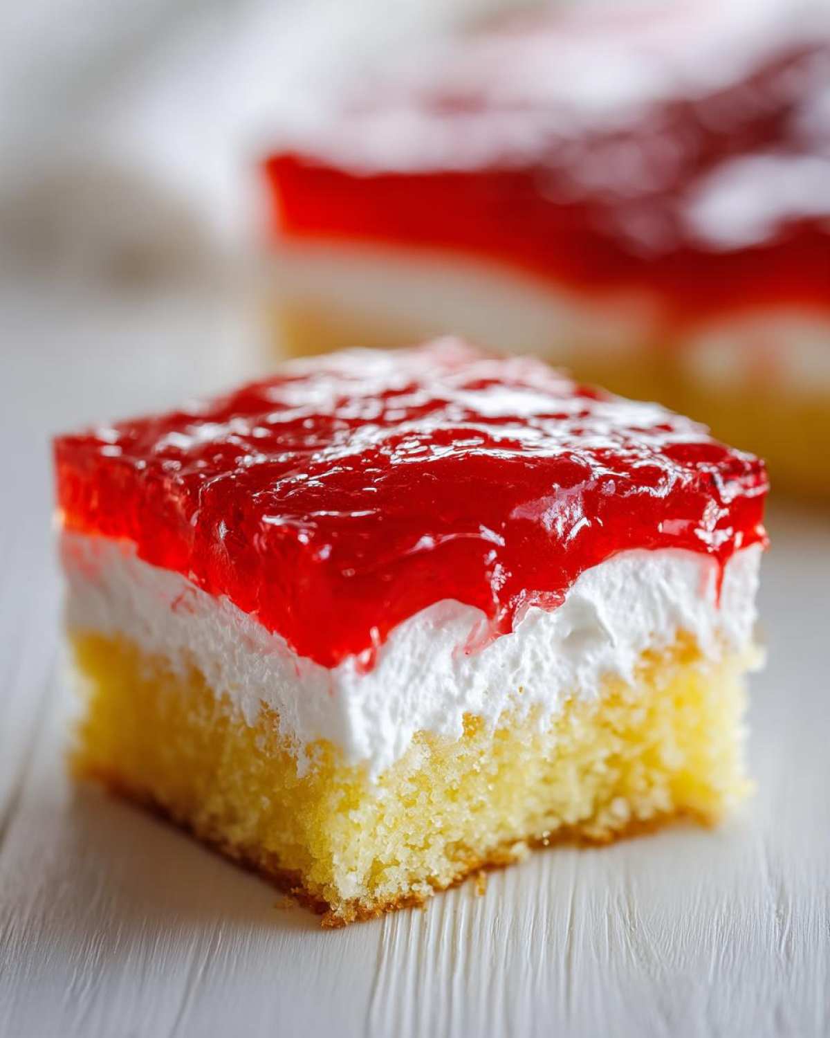 A close-up of a square slice of jello poke cake showing layers of yellow cake, white whipped topping, and bright red gelatin.