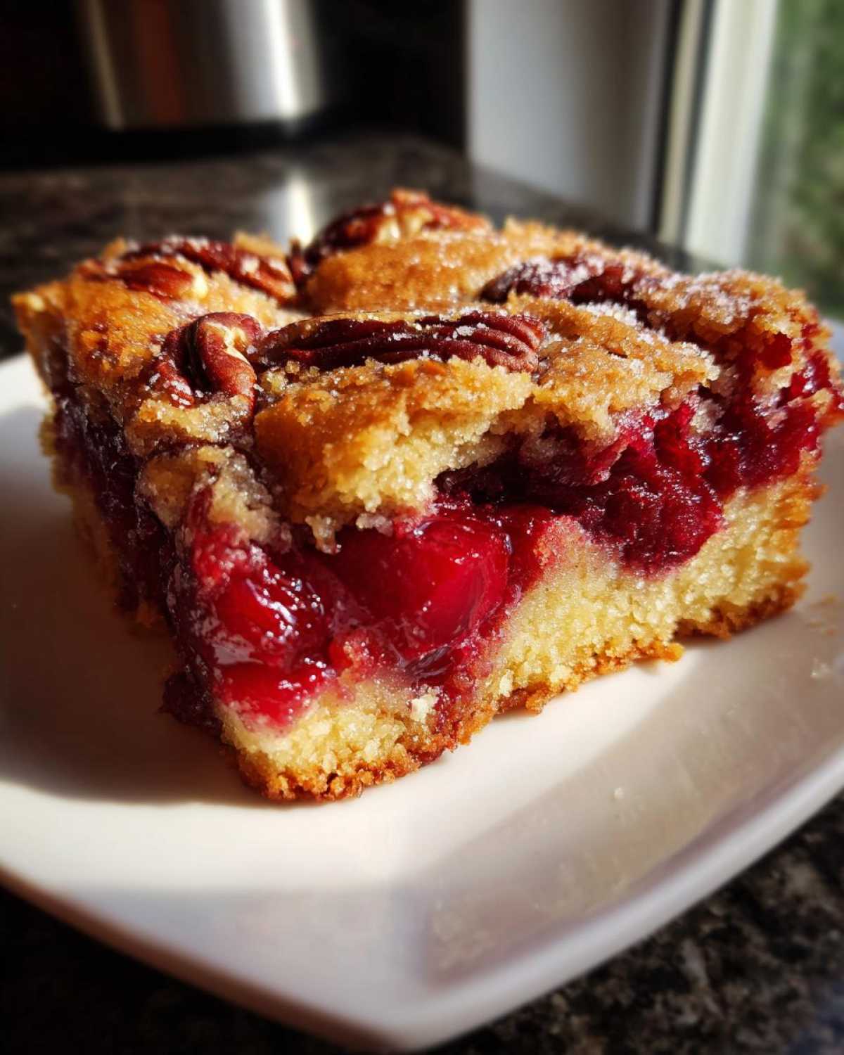 A close-up slice of moist cherry dump cake topped with pecans and sparkling sugar.