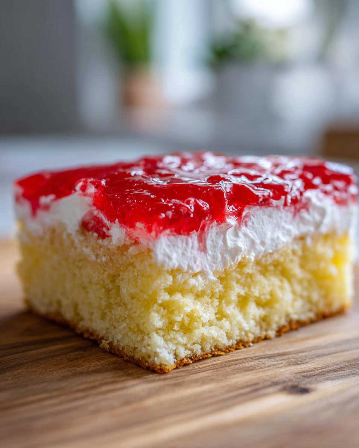 A close-up of a moist slice of jello poke cake featuring a yellow cake base, white whipped topping, and bright red strawberry jello.