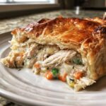 Close-up of a slice of turkey pot pie recipe showing flaky crust and creamy filling with shredded turkey, carrots, and peas.