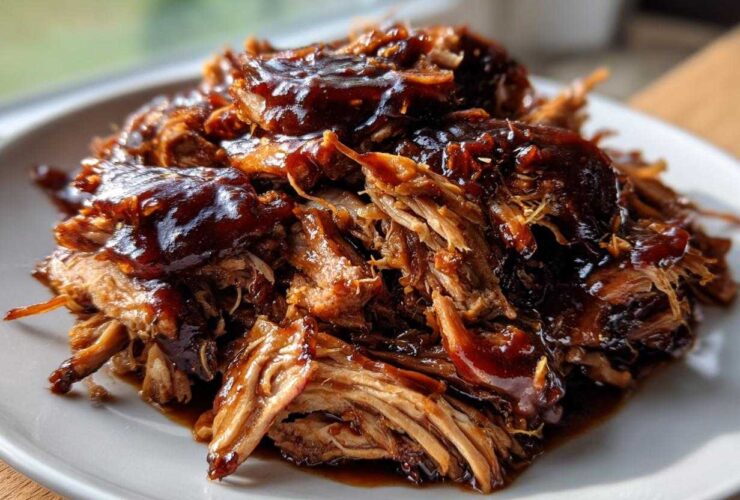Close-up of tender, shredded Slow Cooker Pulled Pork generously coated in glossy dark BBQ sauce on a white plate.