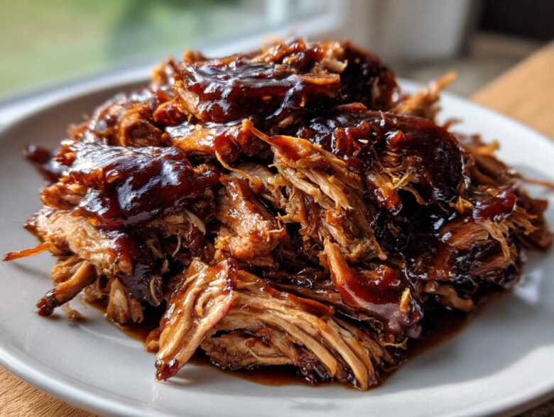 Close-up of tender, shredded Slow Cooker Pulled Pork generously coated in glossy dark BBQ sauce on a white plate.