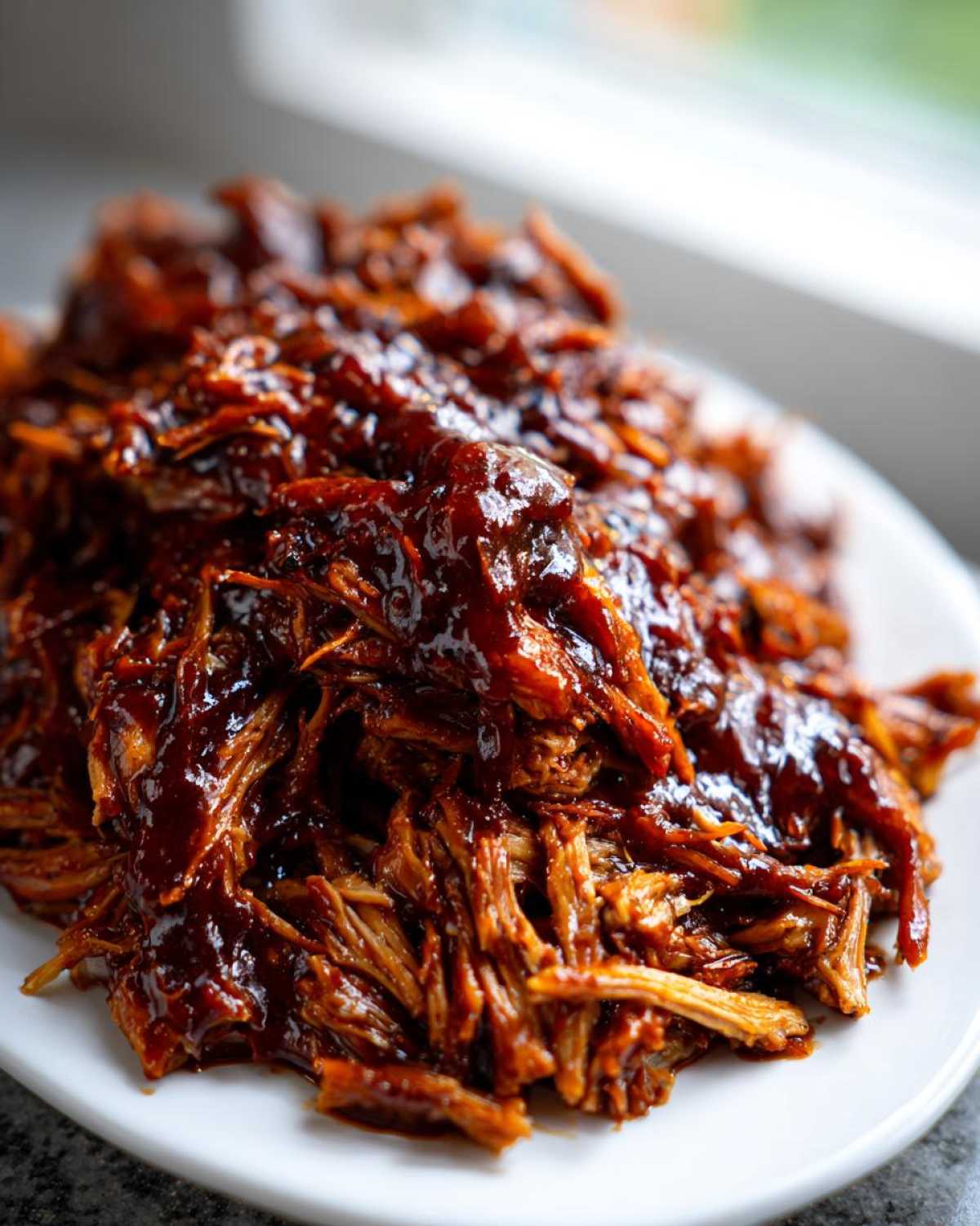 Close-up of shredded, saucy Slow Cooker Pulled Pork piled high on a white plate.