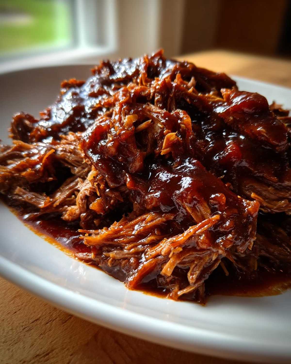 Close-up of tender, shredded Slow Cooker Pulled Pork drenched in rich BBQ sauce on a white plate.