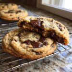 Close-up of a soft cream cheese chocolate chip cookie broken in half, showing melted chocolate chips inside, resting on a cooling rack.