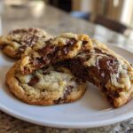 Close-up of soft cream cheese chocolate chip cookies, one broken open showing gooey melted chocolate center.