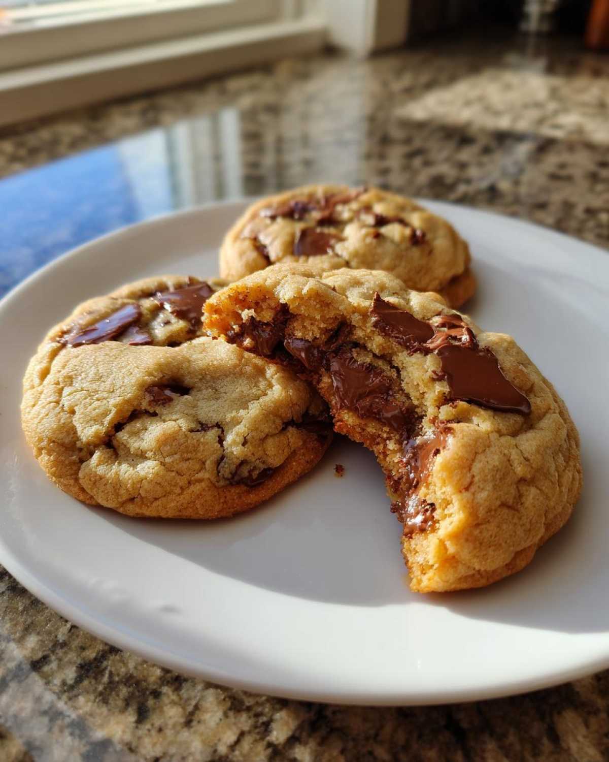 Three soft cream cheese chocolate chip cookies on a white plate, one broken open showing melted chocolate.