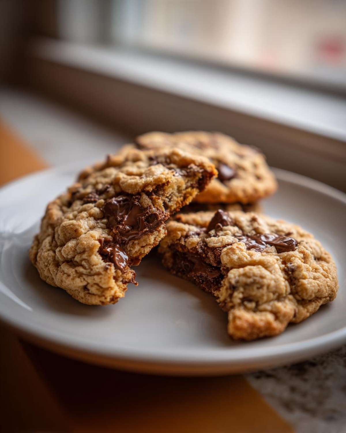 Close-up of soft cream cheese chocolate chip cookies, one broken open revealing melted chocolate.