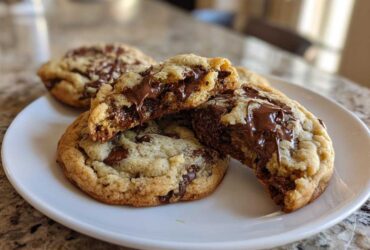 Close-up of soft cream cheese chocolate chip cookies, one broken open showing gooey melted chocolate center.