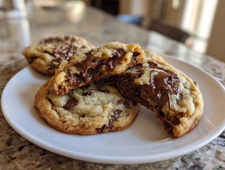Close-up of soft cream cheese chocolate chip cookies, one broken open showing gooey melted chocolate center.