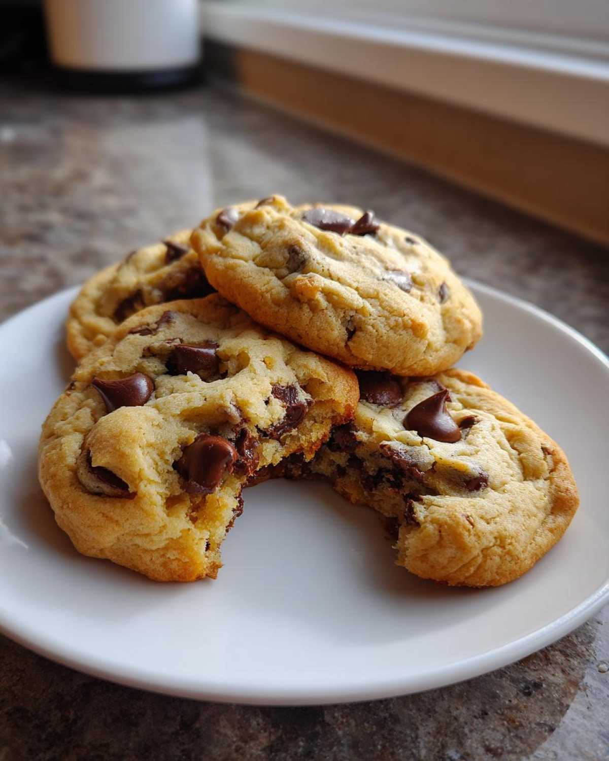 A stack of soft cream cheese chocolate chip cookies on a white plate, one cookie is broken open revealing melted chips.