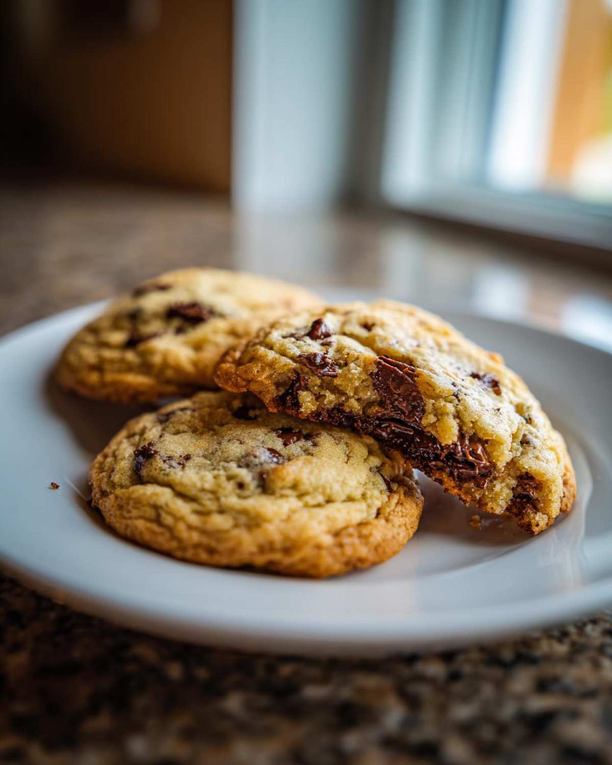 Close-up of three soft cream cheese chocolate chip cookies on a white plate, one broken open showing melted chocolate.