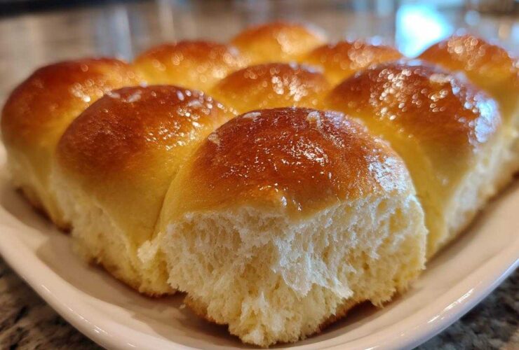 A close-up of freshly baked, soft dinner rolls with a shiny, golden-brown glaze on a white platter.
