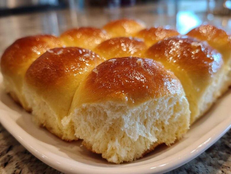 A close-up of freshly baked, soft dinner rolls with a shiny, golden-brown glaze on a white platter.