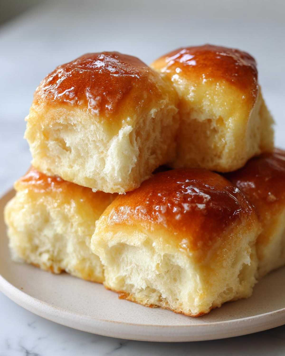 A stack of four incredibly soft, golden brown dinner rolls brushed with a shiny glaze.
