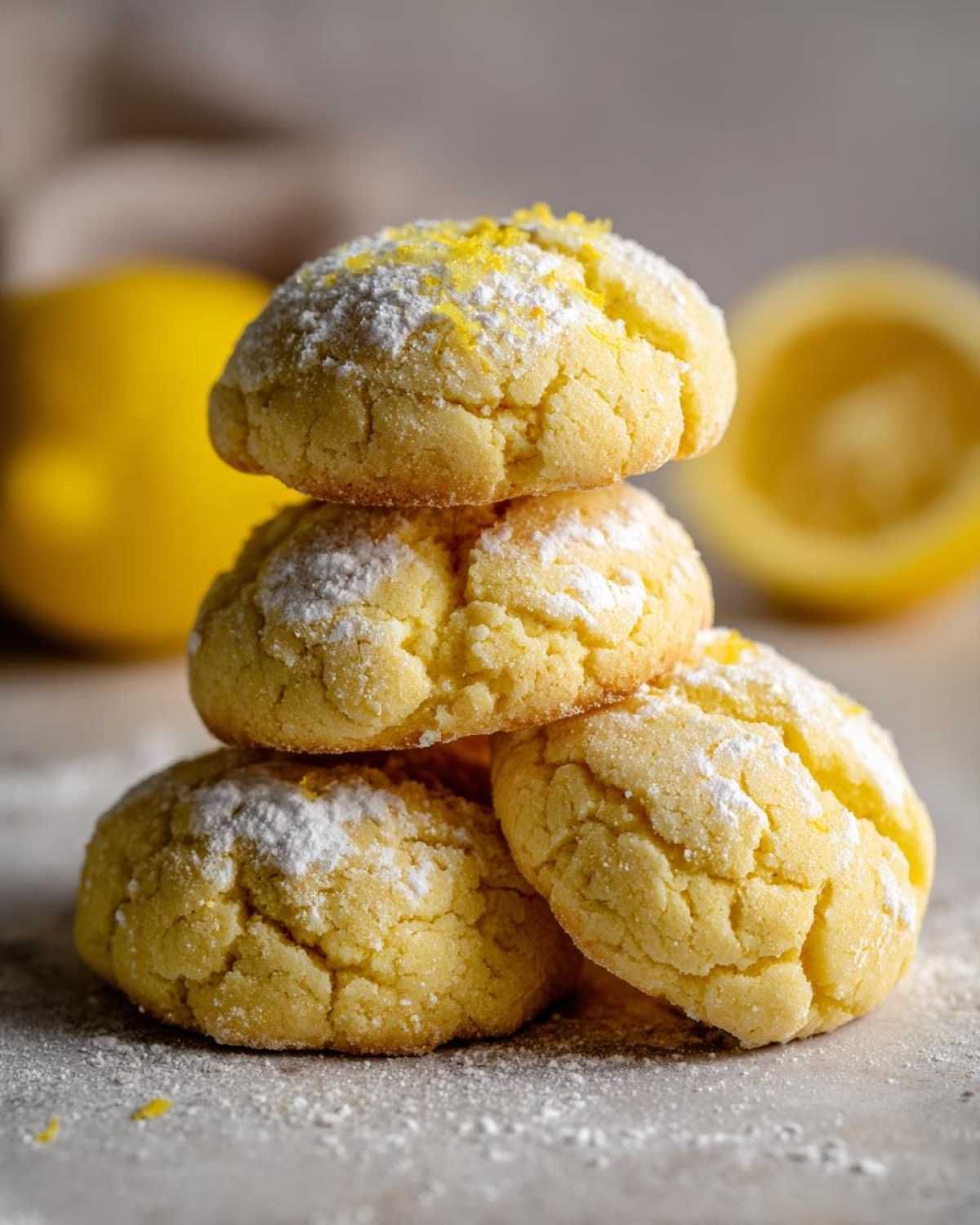 Stack of four soft italian ricotta cookies dusted with powdered sugar and lemon zest.