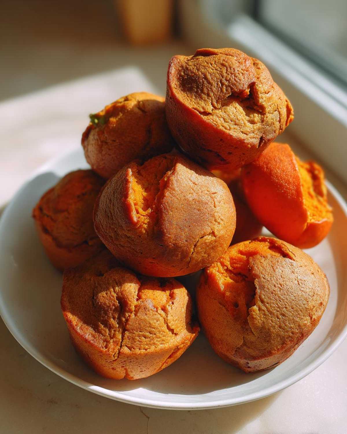 A pile of golden-brown, soft baked persimmon cookies displayed on a white plate near a window.