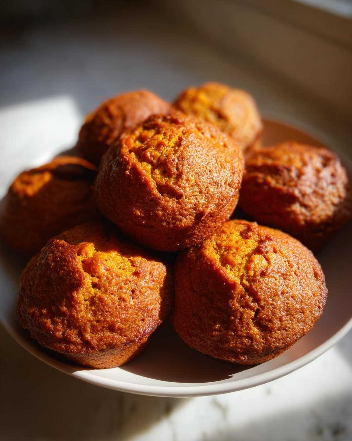 A stack of freshly baked, golden-brown persimmon cookies displayed on a white plate under dramatic lighting.