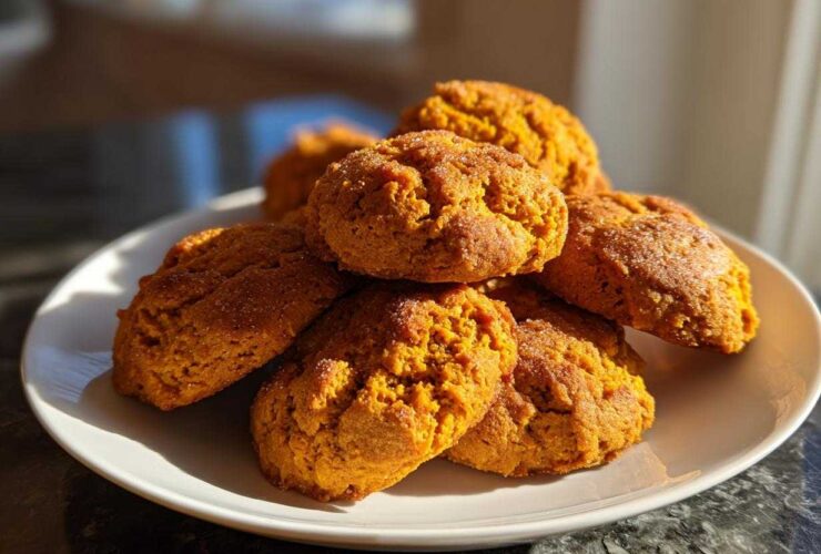 A stack of soft, orange-colored persimmon cookies sprinkled with sugar on a white plate.