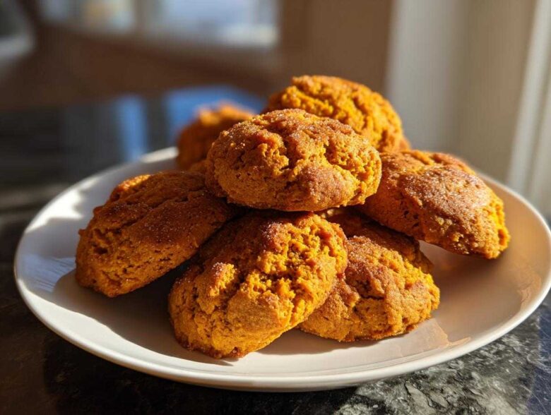 A stack of soft, orange-colored persimmon cookies sprinkled with sugar on a white plate.