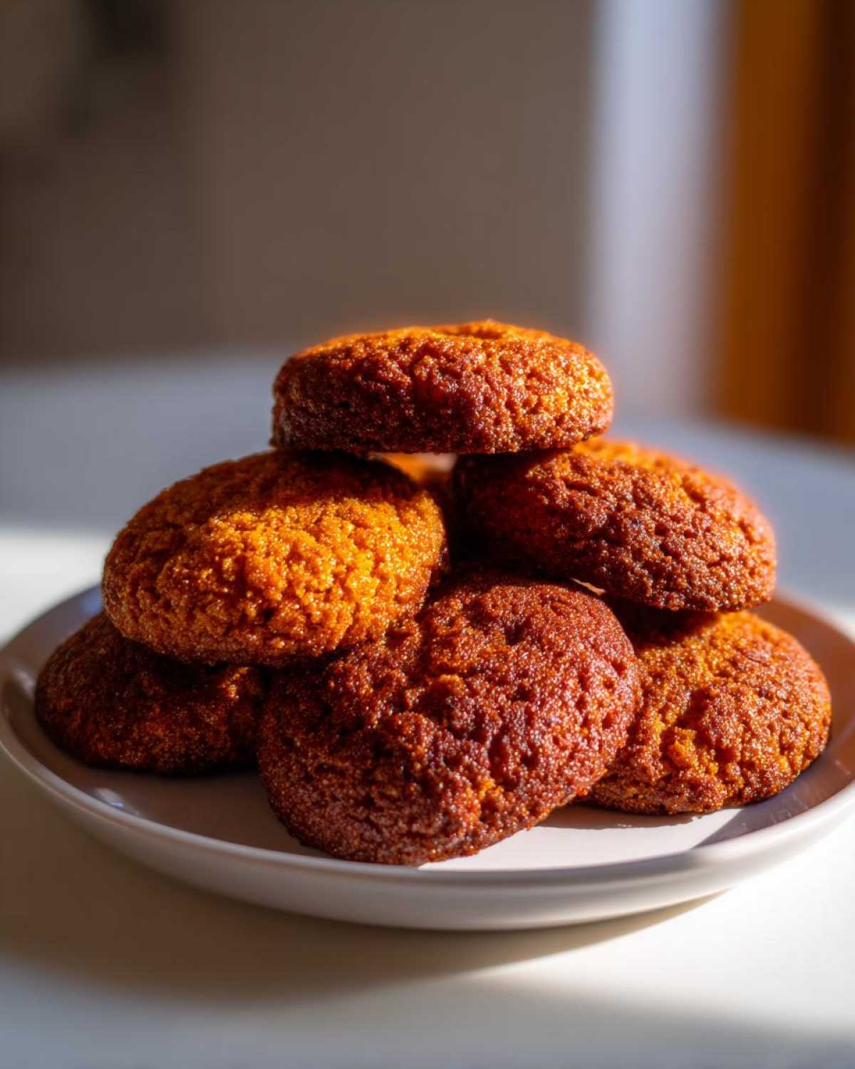 A small stack of golden-brown, soft persimmon cookies piled on a white plate.
