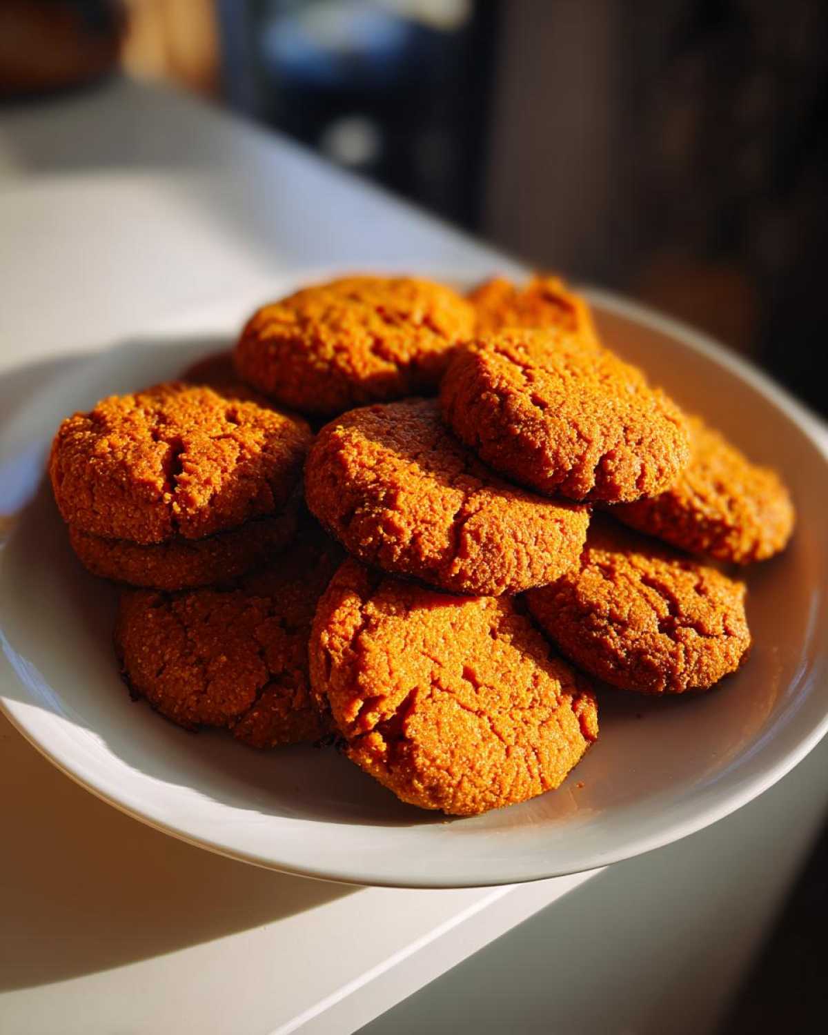 A close-up of several soft persimmon cookies stacked on a white plate, illuminated by warm sunlight.