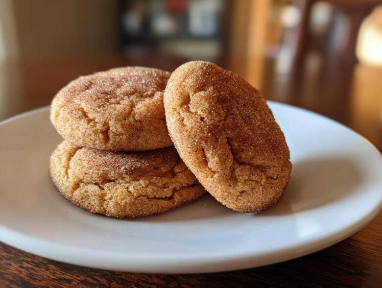 A stack of three soft, cinnamon-sugar coated pumpkin snickerdoodle cookies resting on a white plate.