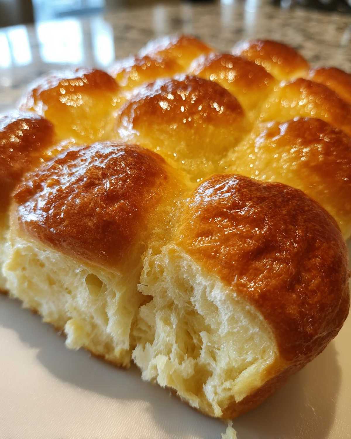 Close-up showing the fluffy interior and shiny, golden-brown tops of freshly baked sourdough discard rolls.