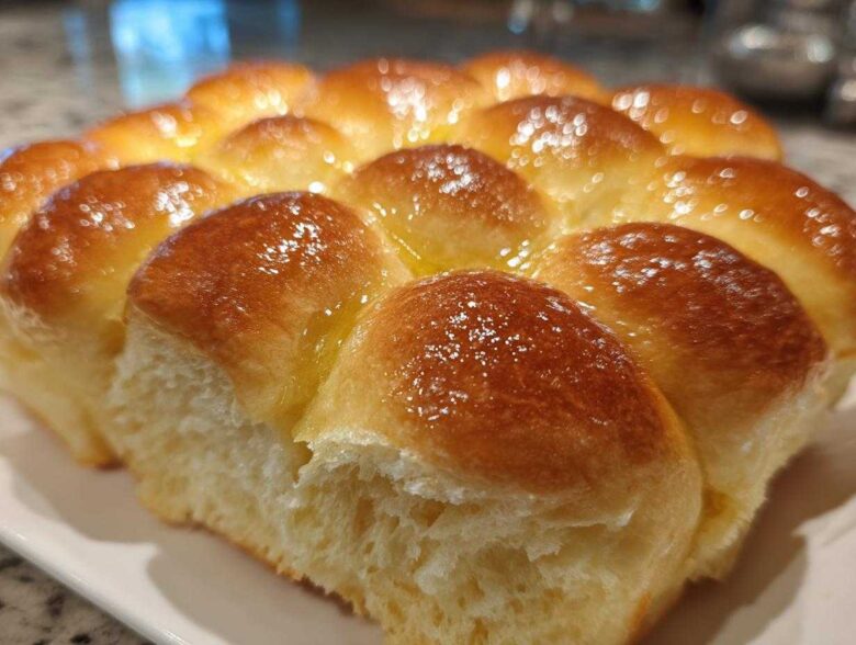 Close-up of freshly baked, soft sourdough discard rolls pulled apart, glistening with melted butter.