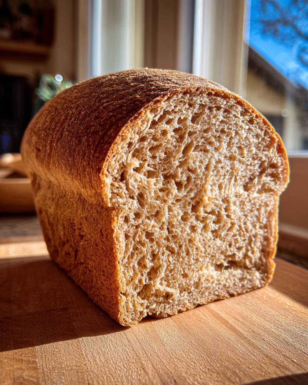 Close-up of a freshly baked whole wheat bread loaf cut in half, showing its soft, open crumb texture.