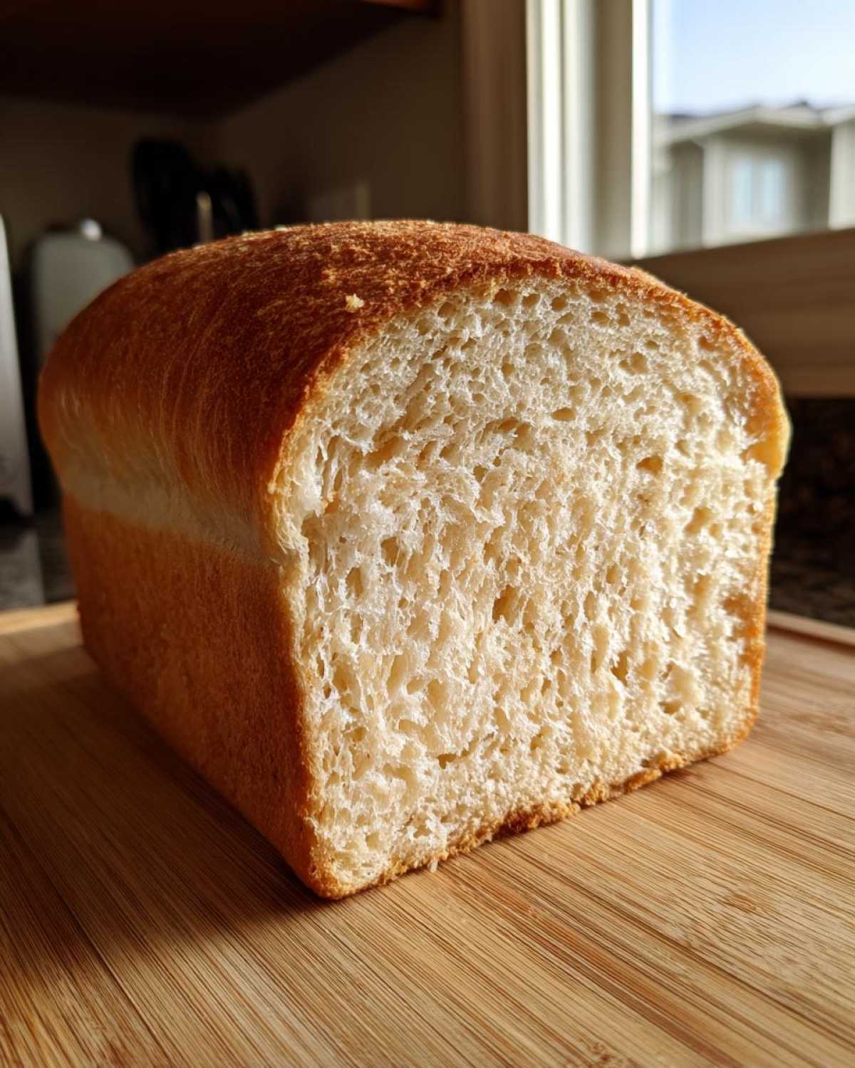 Cross-section of a soft loaf of homemade whole wheat bread showing the light crumb texture.