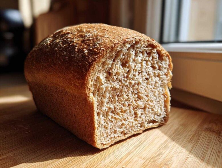 A freshly baked loaf of whole wheat bread, cut to show its soft, airy crumb texture.