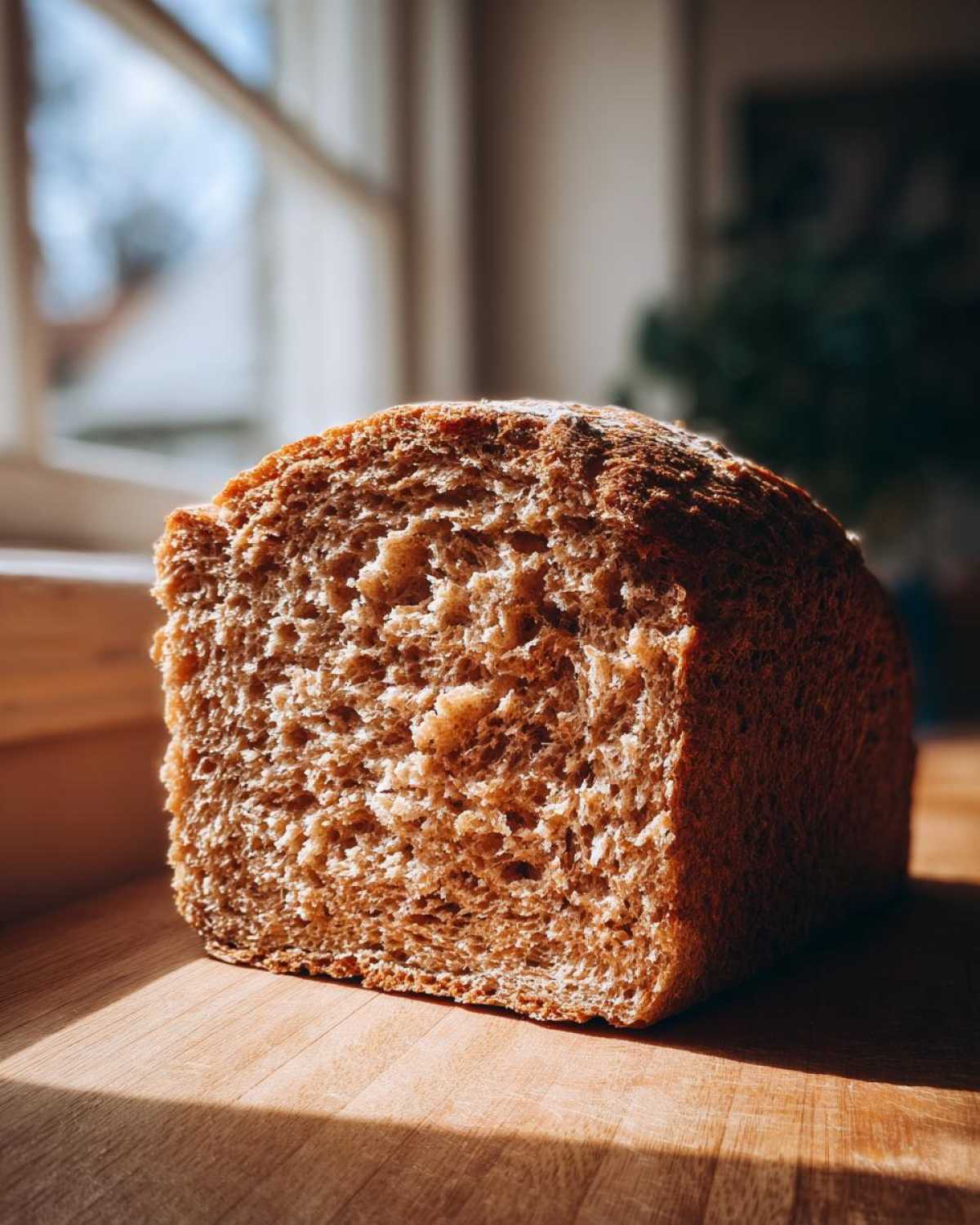 A close-up view of the soft, textured crumb of a freshly baked whole wheat bread loaf sitting on a wooden surface.