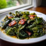 A close-up of tender, dark green collard greens served on a white plate, topped with pieces of crispy smoked bacon.