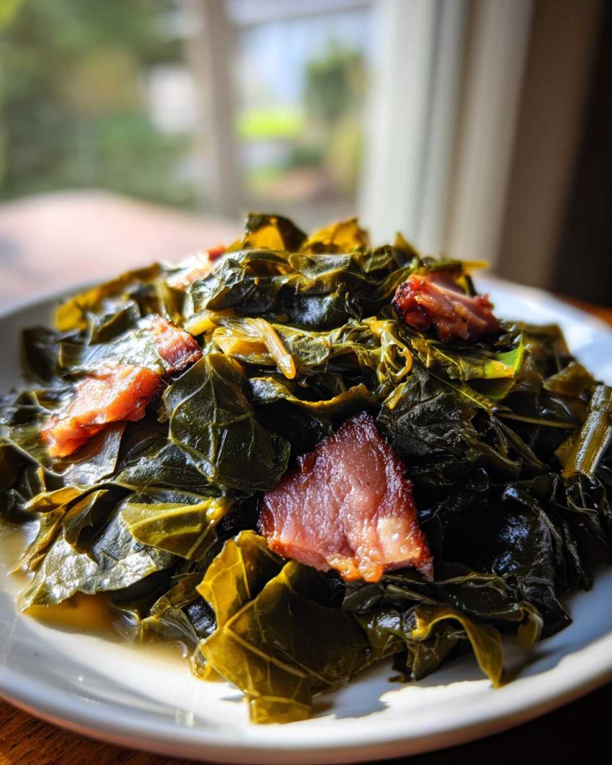 A close-up of tender, seasoned collard greens served on a white plate with pieces of smoked ham hock.