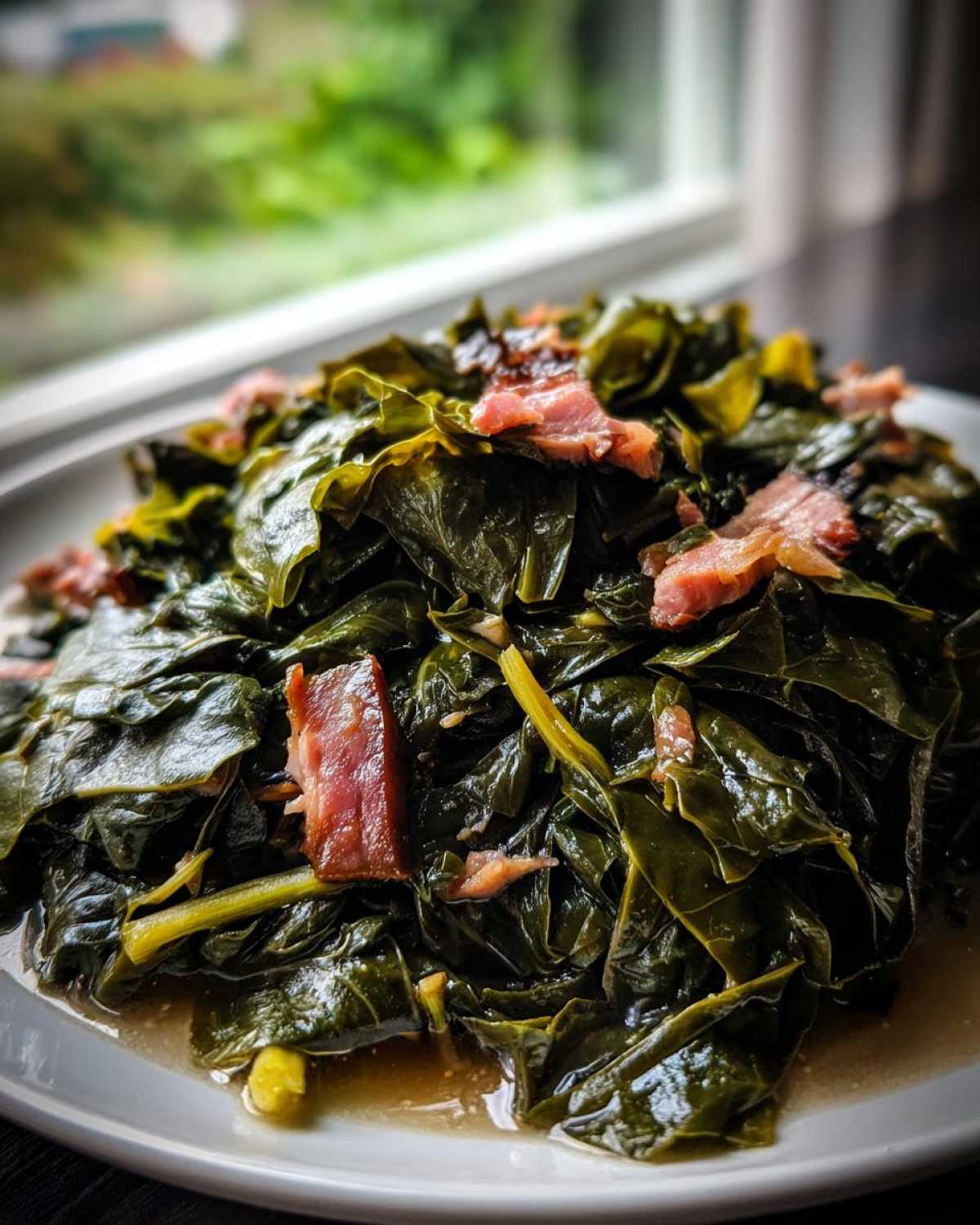 A close-up of tender, dark green collard greens seasoned and topped with pieces of smoked ham.