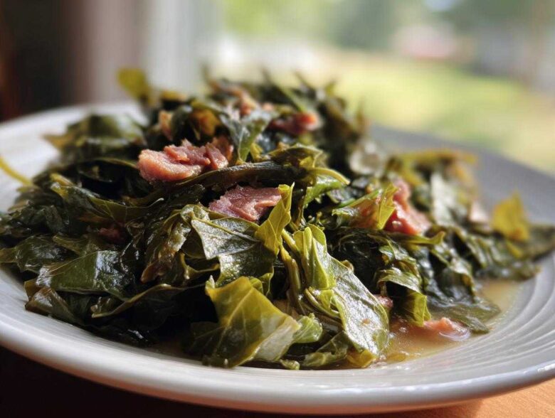 A close-up of tender, slow-cooked collard greens mixed with pieces of smoked ham on a white plate.